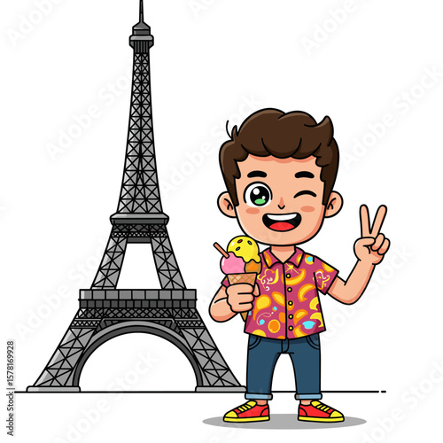 Cartoon tourist with ice cream and peace sign in front of Eiffel Tower.
