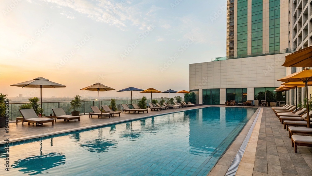 Fototapeta premium Outdoor swimming pool at modern hotel, lounge chairs, sun umbrellas