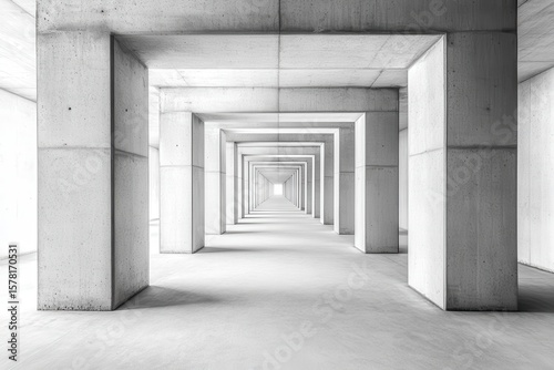 Concrete pillars form a tunnel perspective in black and white photo. Use for concepts of architecture, modern art, or minimalist design.