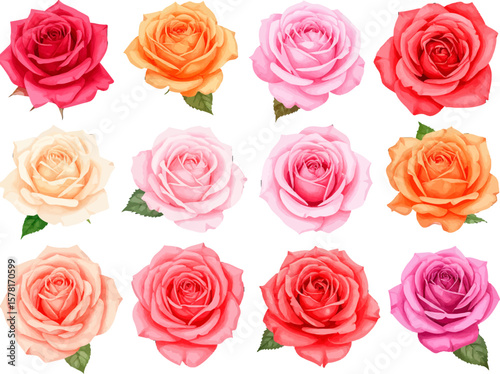 Botanical rose set for wedding graphics. Rose illustration bundle in vivid tones. Assorted rose flowers for digital use. Beautiful roses in watercolor style. Mixed color roses for print and craft
