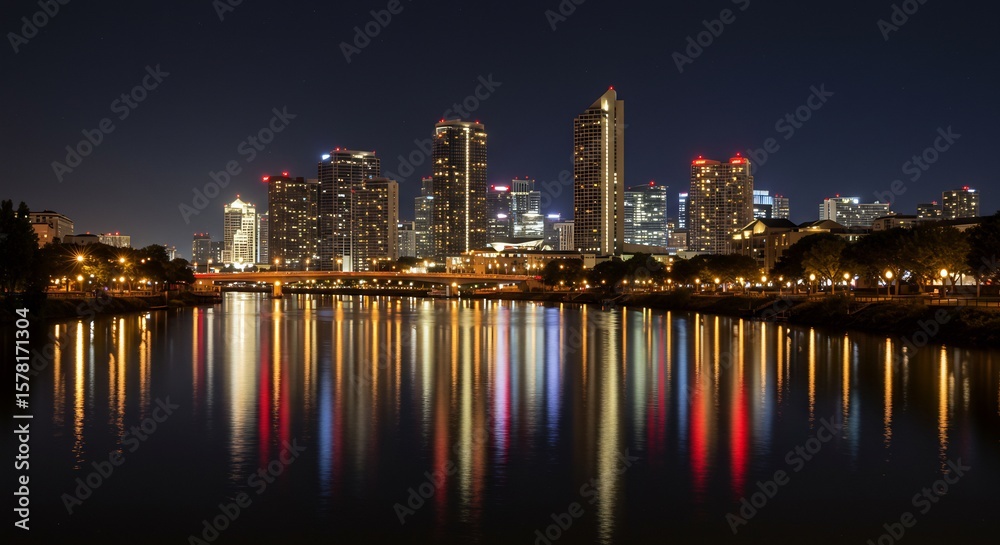 Obraz premium Nighttime Cityscape Reflection: Illuminated Skyscrapers and River Reflections.