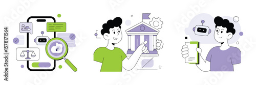 Legal Technology Vector Illustration Featuring Lawyers, Attorneys, and Judges Using AI Assistants and Robots for Legal Advice, Consultation, and Support in Law, Justice, Tax, and Finance

