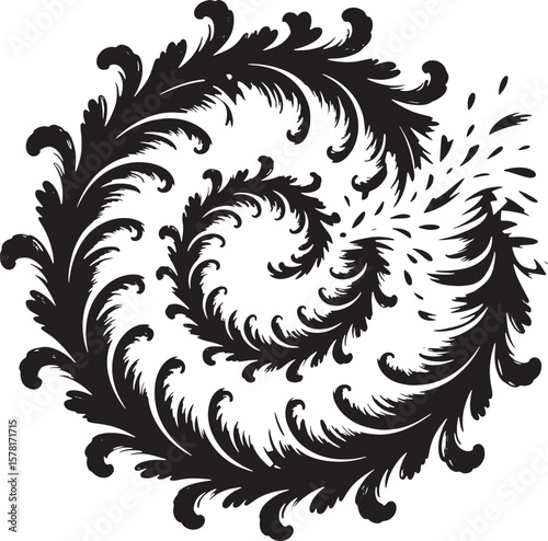 Black ornate swirling floral design with scattered elements white