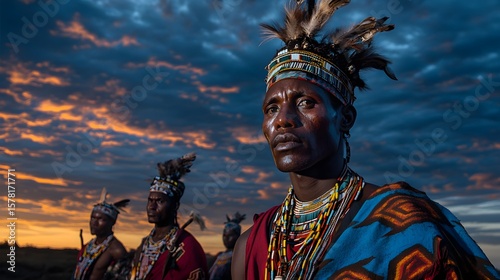 Cultural warriors in traditional attire standing with calm expressions at dawn 