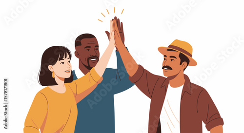 Diverse team high-fiving, symbolizing collaboration, success, and unity in a flat illustration style