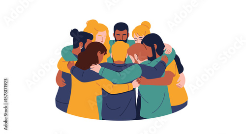 Diverse Group Hugging: Unity, Teamwork & Support Illustration