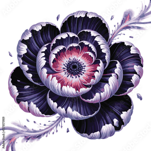Deep purple flower with pink and white accents and flowing tendrils petals