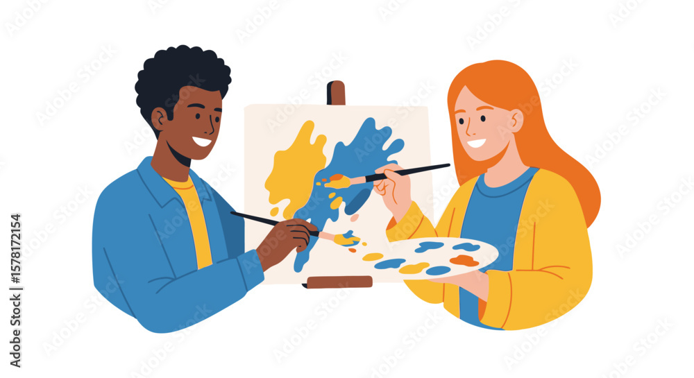 Fototapeta premium Joyful Diverse Couple Painting Abstract Art on Easel: Creative Hobby & Artistic Collaboration Illustration