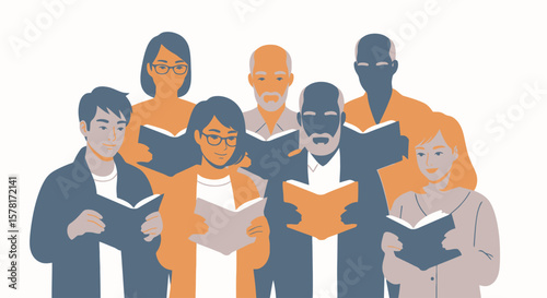 Diverse Group Reading Books. Multigenerational Community Learning or Singing Together. Flat Design Illustration.
