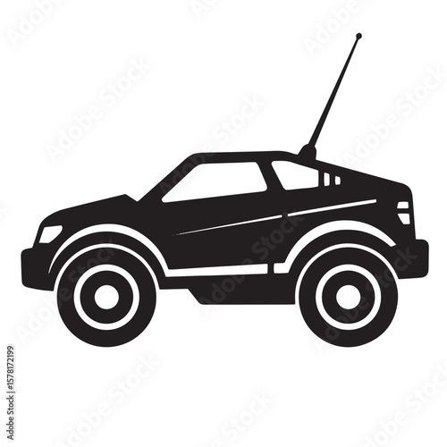 Black and white silhouette of a classic rc car with antenna against a white background
