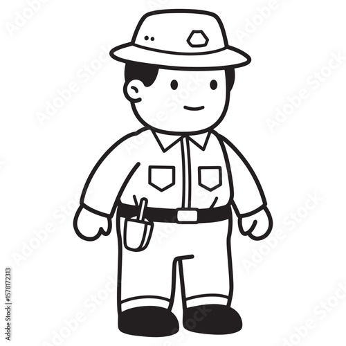 Cartoon illustration of a happy park ranger wearing uniform and hat in black and white