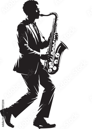 Silhouette of a man playing a saxophone in a suit musician jazz