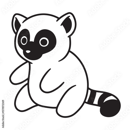 Cute cartoon illustration of a sitting raccoon in black and white with simple lines
