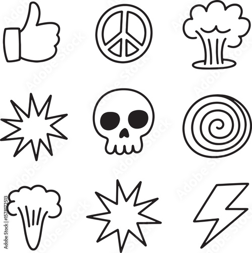 Thumbs up peace sign explosion skull spiral broccoli lightning bolt vector