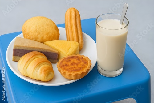 các loại bánh và sữa đậu nành-Vietnamese street food breakfast , a white ceramic plate holds an assortment of local pastries and a tall glass of creamy, light-colored soybean milk 
