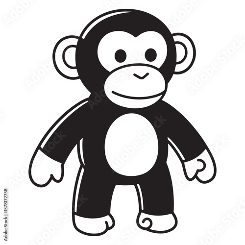 Simple black and white cartoon illustration of a standing friendly monkey character