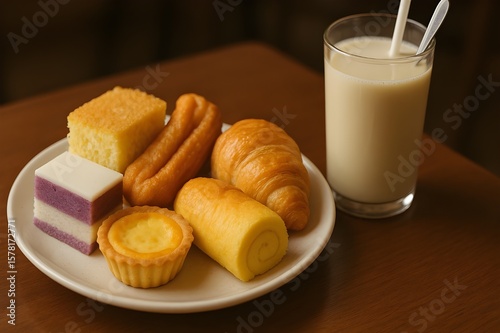 các loại bánh và sữa đậu nành-Vietnamese street food breakfast , a white ceramic plate holds an assortment of local pastries and a tall glass of creamy, light-colored soybean milk 