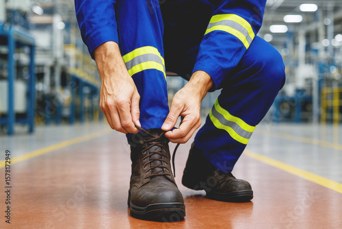Worker Lacing Safety Boots Inside Factory – Industrial Safety Concept

