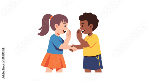 Diverse children sharing a secret and shaking hands, symbolizing friendship, communication, and trust