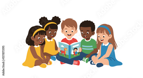 Diverse group of happy children sitting together and reading a storybook, promoting education, friendship, and childhood learning.