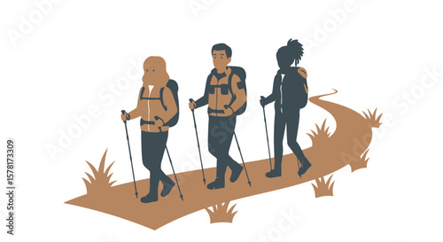 Diverse group of three hikers with backpacks and trekking poles on a winding trail. Outdoor adventure illustration.