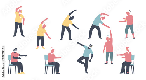 Diverse Senior Citizens Exercising. Group of Elderly People Stretching, Staying Active & Fit for Health & Wellness. Flat Illustration.