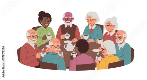Diverse Senior Group Enjoying Tea and Conversation at a Table