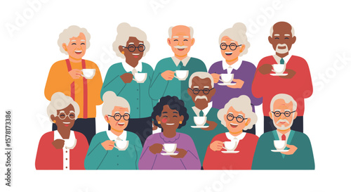 Happy Diverse Senior Friends Socializing Over Coffee and Tea