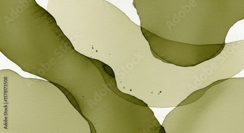 Abstract watercolor background with flowing organic shapes in muted olive green tones