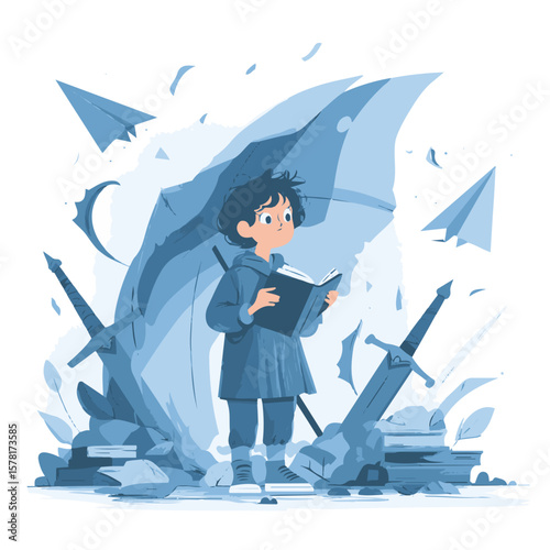 Vector Art of Child Reading Under Umbrella Amid War with Swords in the Ground