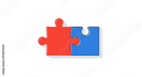 Interlocking red and blue puzzle pieces on white, representing connection, teamwork, and solution