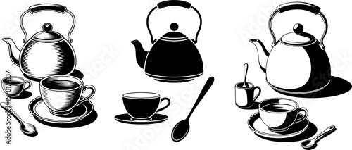 Sleek silhouette of teacup and kettle for kitchen decor