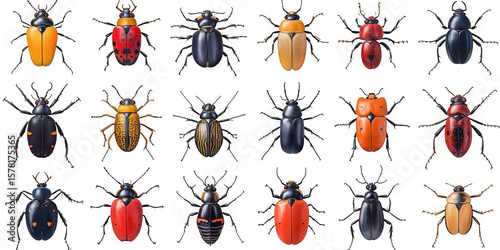 Collection of  collection of various beetles displayed against a solid black background real image, no blur, clear image, hd, full hd, photos, isolated white background