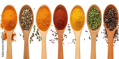 Collection of  close up view of wooden spoons filled with various spices on black background real image, no blur, clear image, hd, full hd, photos, isolated white background