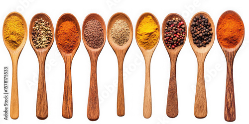 Collection of  assortment of spices in wooden spoons displayed against a black backdrop real image, no blur, clear image, hd, full hd, photos, isolated white background