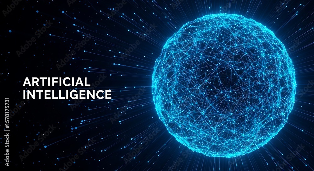 Obraz premium A glowing blue sphere composed of interconnected nodes and lines, representing the vast network of artificial intelligence and global data