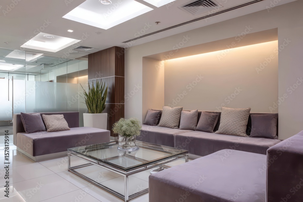 Fototapeta premium Luxurious corporate lounge with mauve-velvet daybeds and chrome-framed glass coffee table side-lit by warm LED cove skylight fill