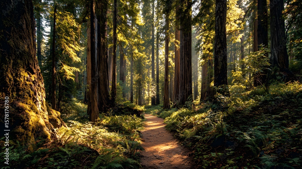 Fototapeta premium Empty forest trail surrounded by tall redwood trees in California golden sunlight filtering through dense canopy natural shadows creating depth crisp earthy textures human eye perspective