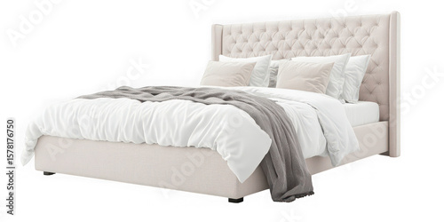 Collection of  a bed with a tufted headboard and white bedding against a black background real image, no blur, clear image, hd, full hd, photos, isolated white background