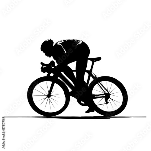Black Silhouette of a Cyclist Riding a Bicycle During a Race on White Background