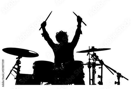 Black Silhouette of Drummer Energetically Playing on Drum Kit on a White Backdrop