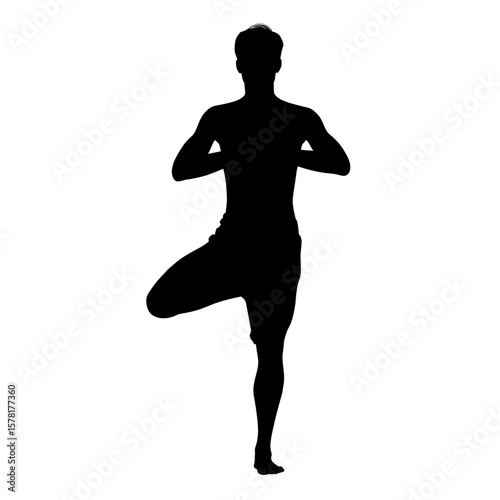 Black Silhouette of Man Practicing Tree Yoga Pose for Balance on White Background