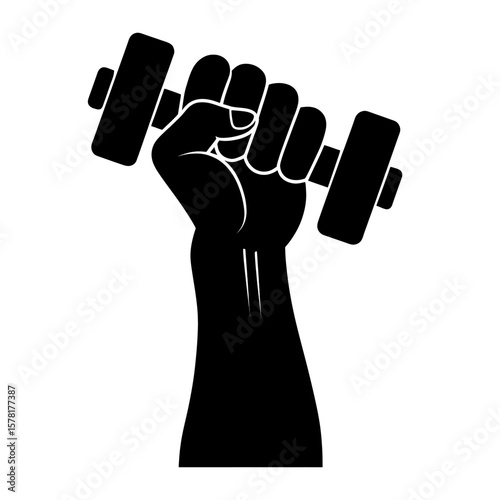Black Silhouette of Muscular Arm Holding Dumbbell on White Background Vector Art