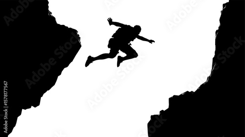 Dramatic Silhouette Of A Person Jumping Between Two Jagged Cliff Faces With Bright Sky