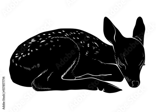 Fawn Silhouette in Black and White Lying Down Minimalist Vector Graphic Design
