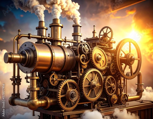 Highly detailed retro steam-powered machine with brass pipes, valves, and gears emitting smoke. Steampunk industrial concep