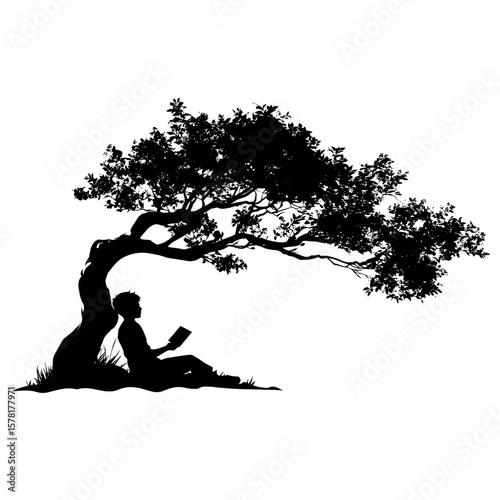 Person Reading Book under Silhouette of Big Tree on White Background in Monochrome