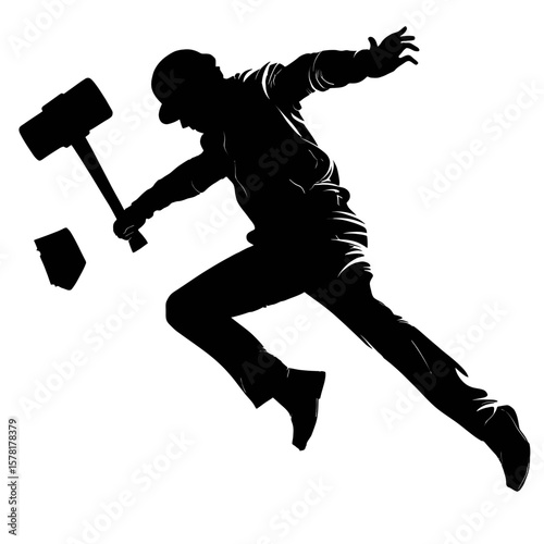 Silhouette of Man in Action Swinging Sledgehammer Against White Background
