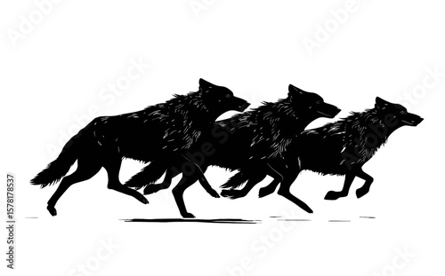 Silhouette of Three Wolves Running Wild Animals on White Background
