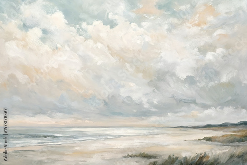 Soft Coastal Beach Landscape Painting – Serene Sky and Sea Wall Art